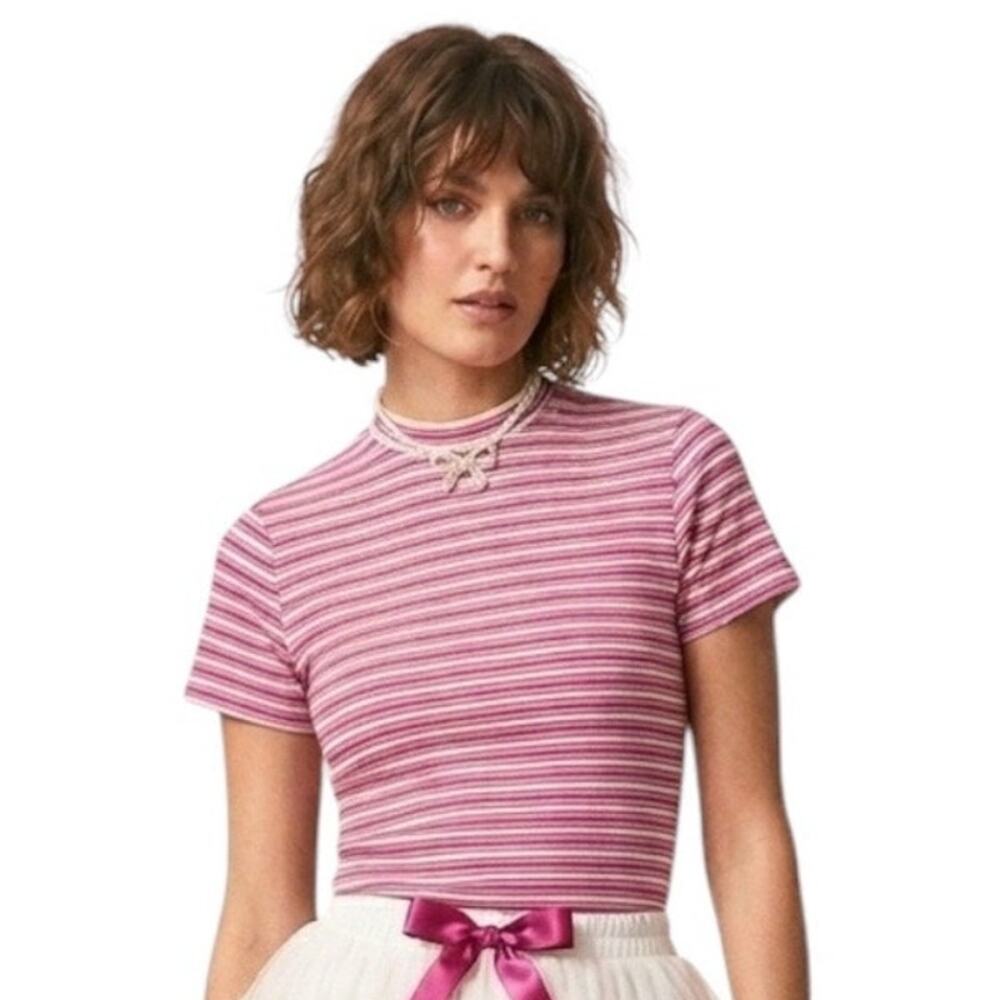 VTG 70s White Stag Pink Stripe Mock Neck Rib Knit Top Zipper Back Small Coquette
